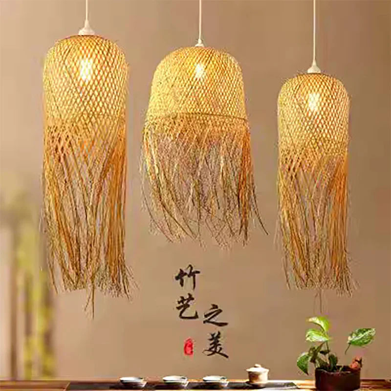 Bamboo Woven Pendant Light Handwoven Chandelier E27 Restaurant Home Decor