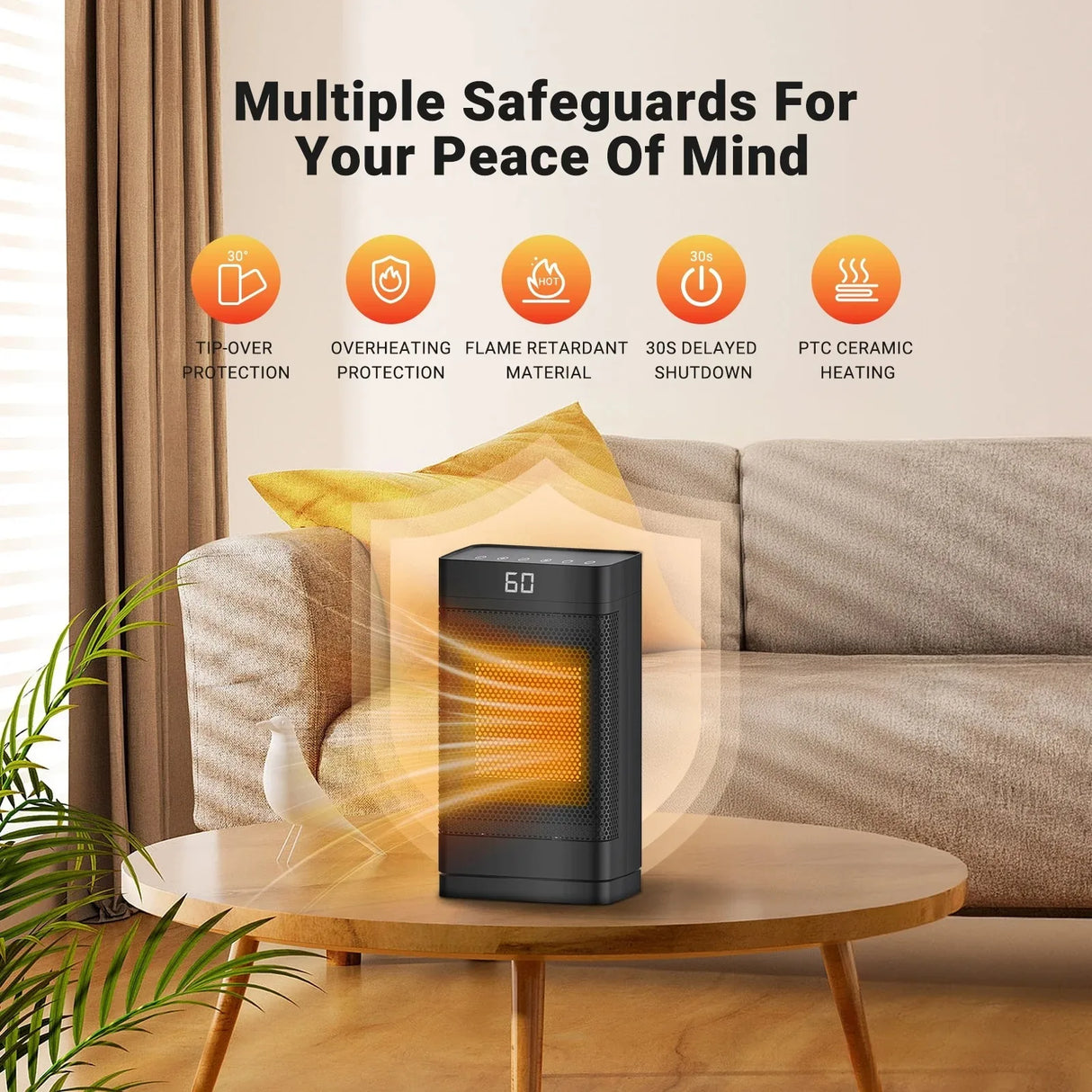 1500W Portable Space Heater PTC Fast Heating Electric Heater with Oscillation Timer