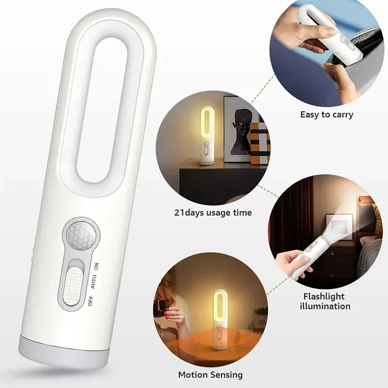 2 in 1 Motion Sensor Night Light Portable Flashlight Bedroom Bathroom Bedside Lamp