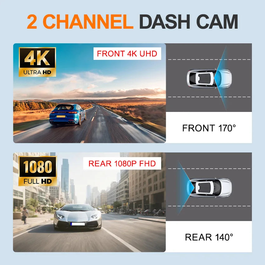 4K Dash Cam 2Inch UHD Front Rear Car DVR WiFi APP Control Night Vision 2Channel