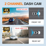 4K Dash Cam 2Inch UHD Front Rear Car DVR WiFi APP Control Night Vision 2Channel