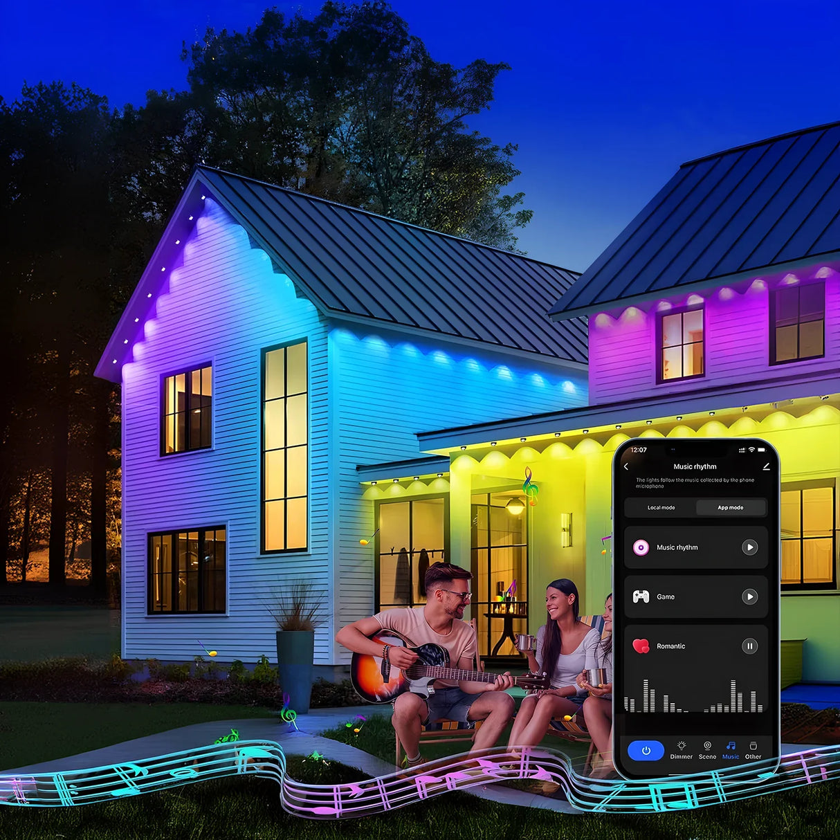 20M Smart RGBIC Outdoor LED Eaves Lights App Remote Control Flashing Home Decor