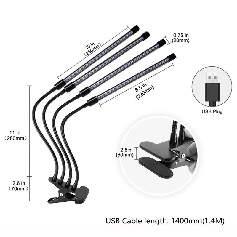 Clip On LED Grow Light Full Spectrum USB Timer Dimmable 1–4 Head Plant Lamp