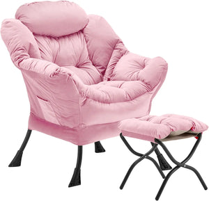 Velvet Lazy Chair with Folding Ottoman Accent Armchair Non-Slip Metal Frame