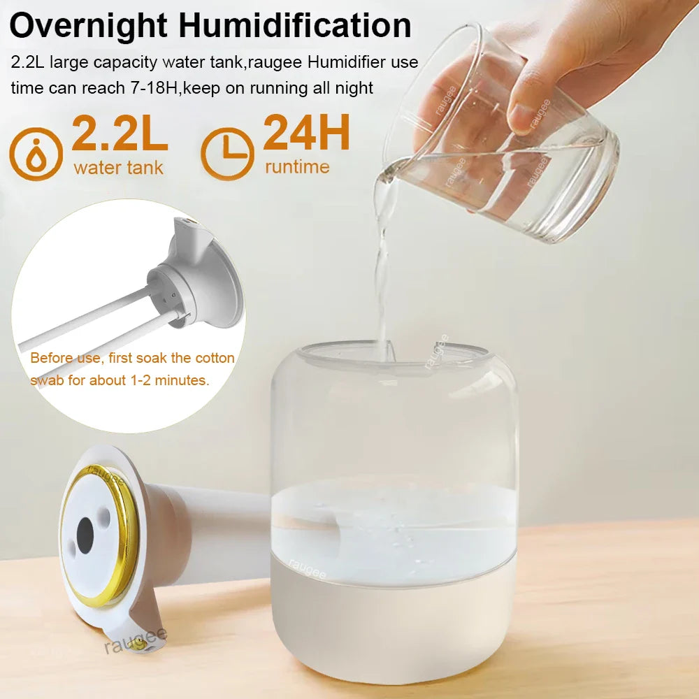 2.2L Large Capacity Air Humidifier Double Nozzle USB Mist Maker with LED Night Light