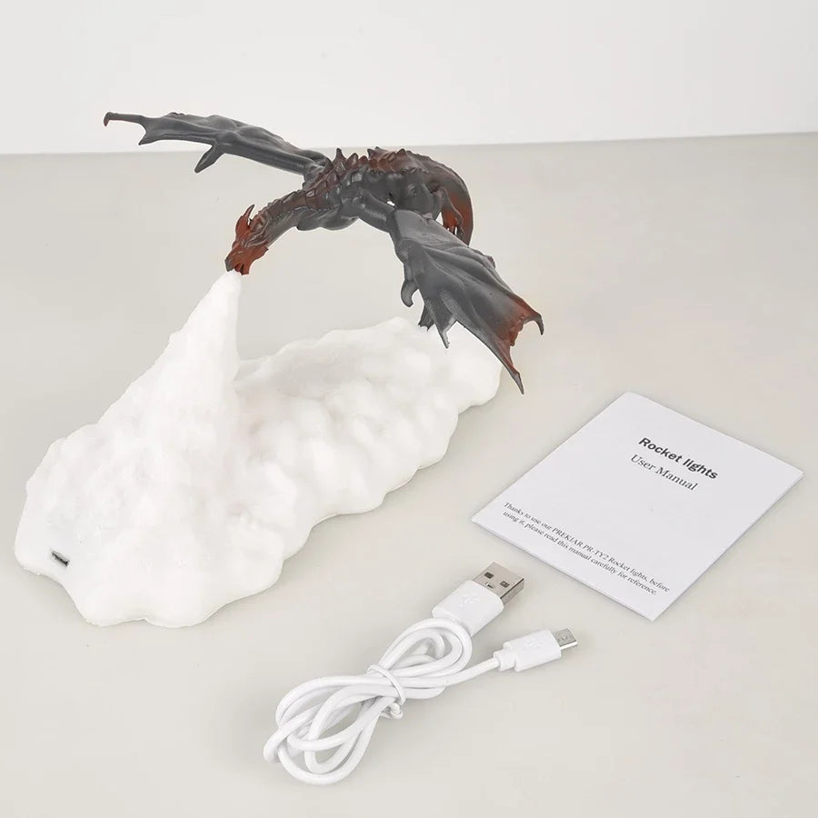 3D Printed Dragon LED Night Light USB Rechargeable Fire Glow Lamp for Kids Bedroom