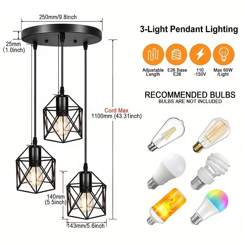 Moktan Sabai Vintage 3-Head Pendant Lamp – Black Metal Ceiling Chandelier E27
