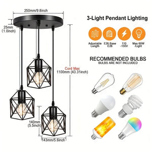 Moktan Sabai Vintage 3-Head Pendant Lamp – Black Metal Ceiling Chandelier E27