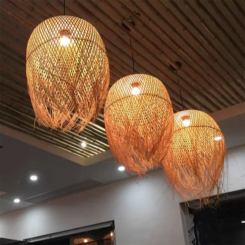 Bamboo Woven Pendant Light Handwoven Chandelier E27 Restaurant Home Decor