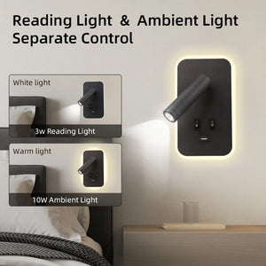 Bedside LED Wall Reading Lamp with USB Port Switch Rotatable Wall Sconce