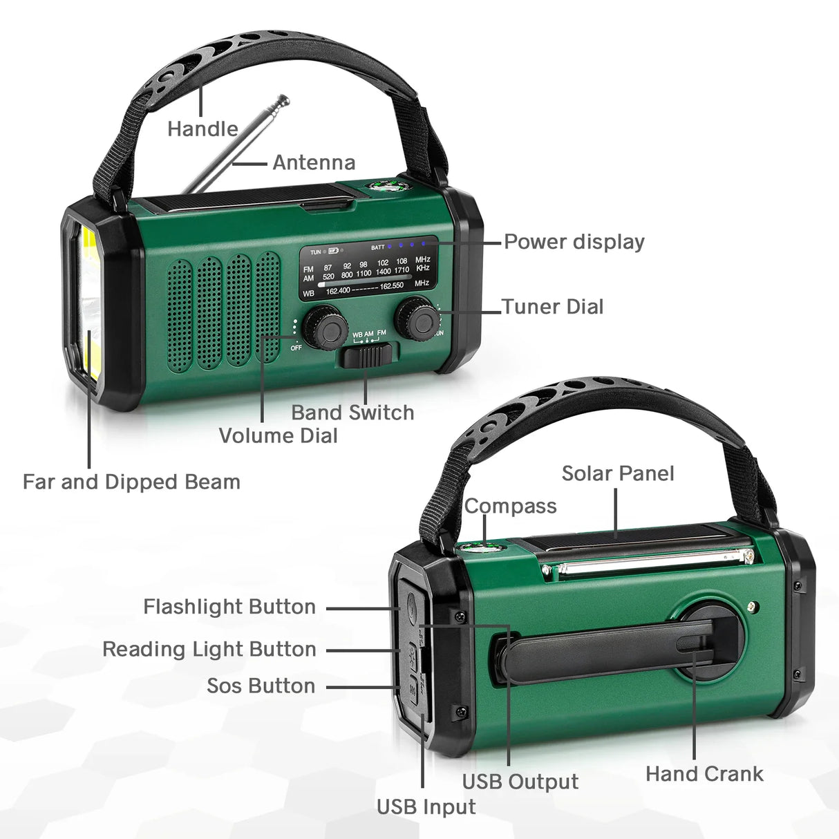 Emergency NOAA Weather Radio Solar Hand Crank 10000mAh Power Bank SOS