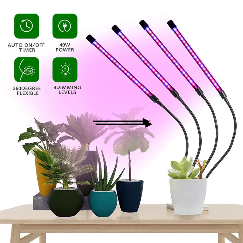 Clip On LED Grow Light Full Spectrum USB Timer Dimmable 1–4 Head Plant Lamp