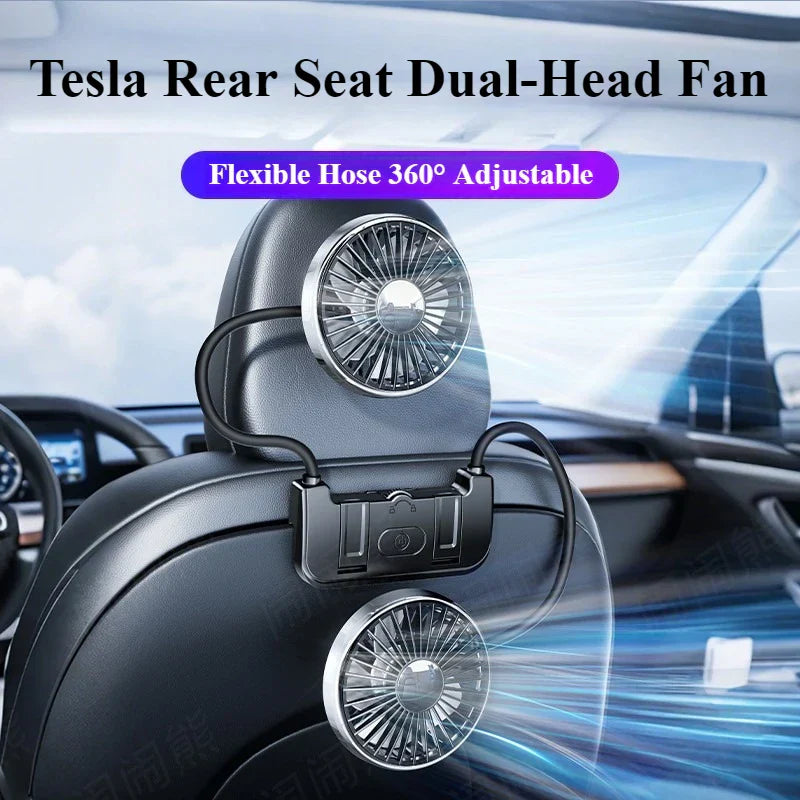 Car Rear Seat Fan Dual Head USB-C 360° Rotation 3-Speed