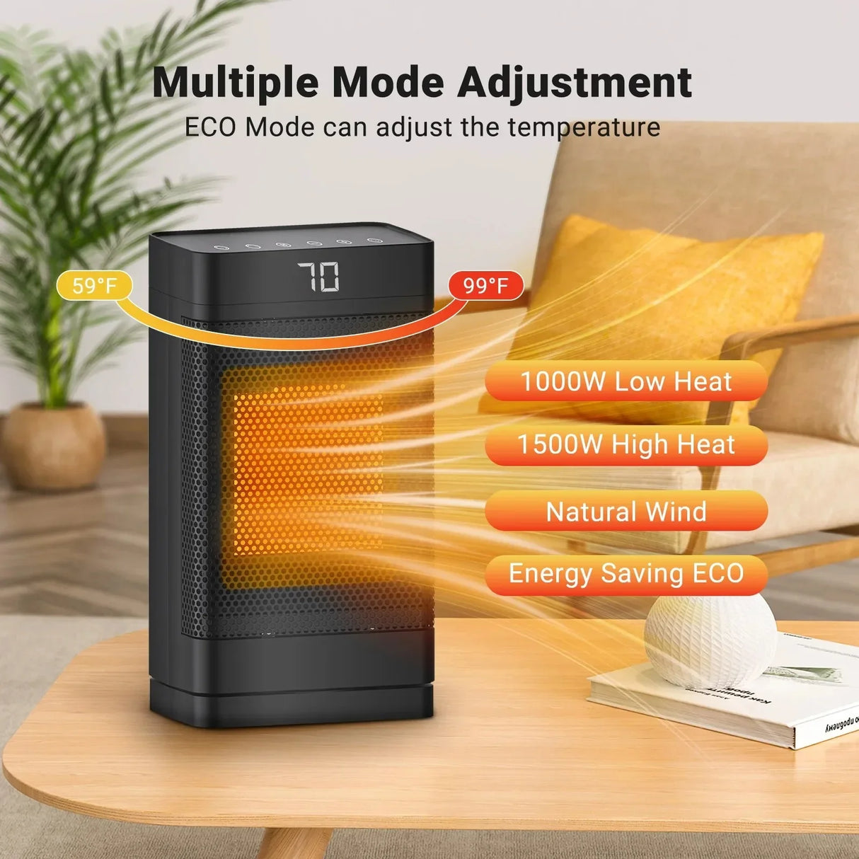 1500W Portable Space Heater PTC Fast Heating Electric Heater with Oscillation Timer
