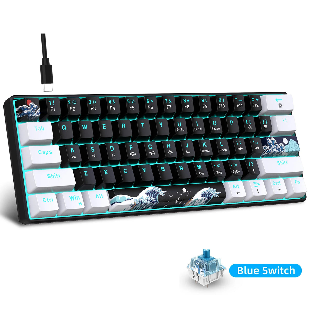 60% Mechanical Gaming Keyboard with Blue Switches – Compact Sea Blue Backlit