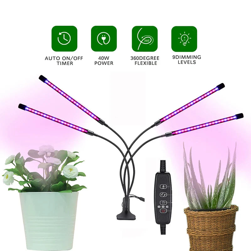 Clip On LED Grow Light Full Spectrum USB Timer Dimmable 1–4 Head Plant Lamp