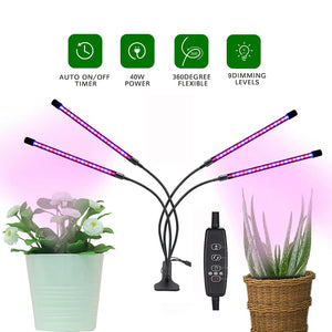 Clip On LED Grow Light Full Spectrum USB Timer Dimmable 1–4 Head Plant Lamp