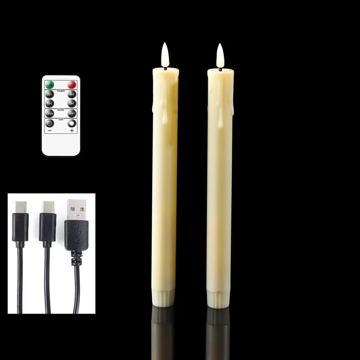 Flameless LED Taper Candles Remote USB Rechargeable Warm White 10 Inch Set