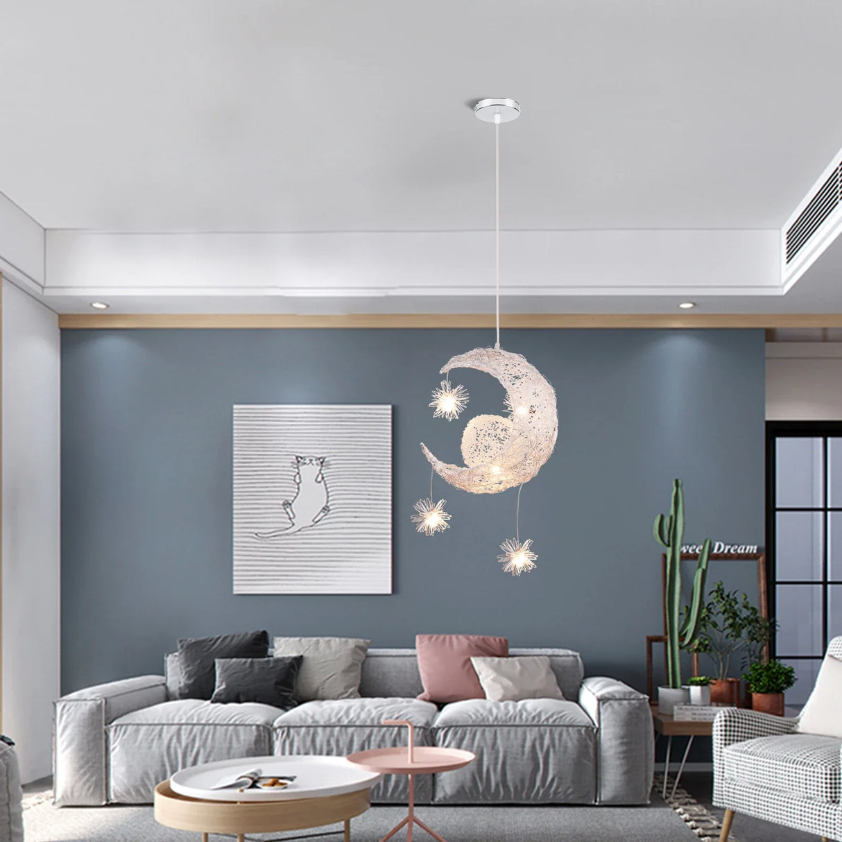 Modern Moon & Star Pendant Light LED Kids Bedroom Hanging Lamp Home Décor