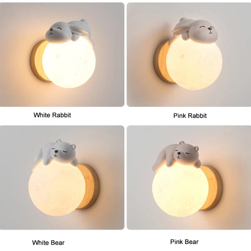 Cute Bear Moon Wall Light Kids Bedroom Nursery Night Light Cartoon Animal Lamp