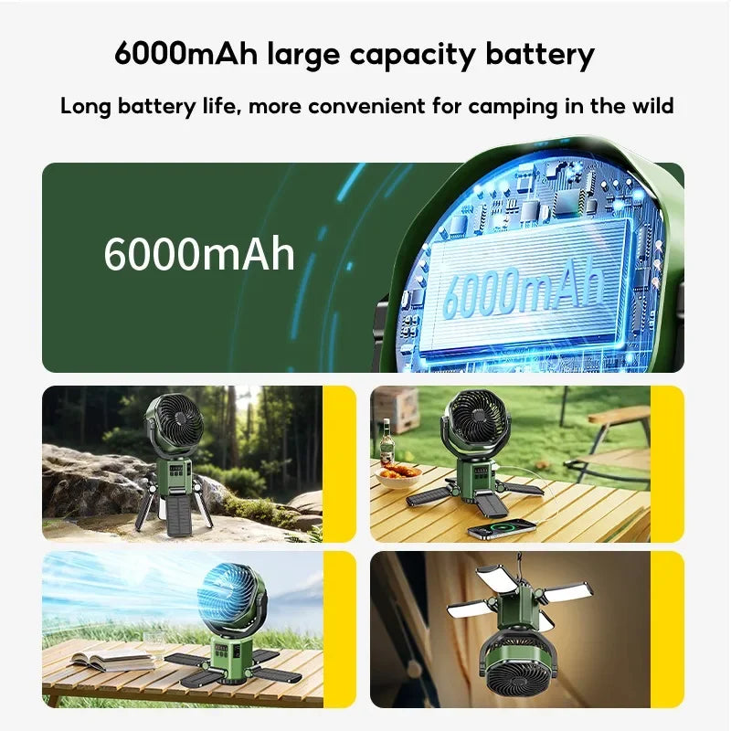 Solar Camping Fan 6000mAh Rechargeable LED Light Power Bank