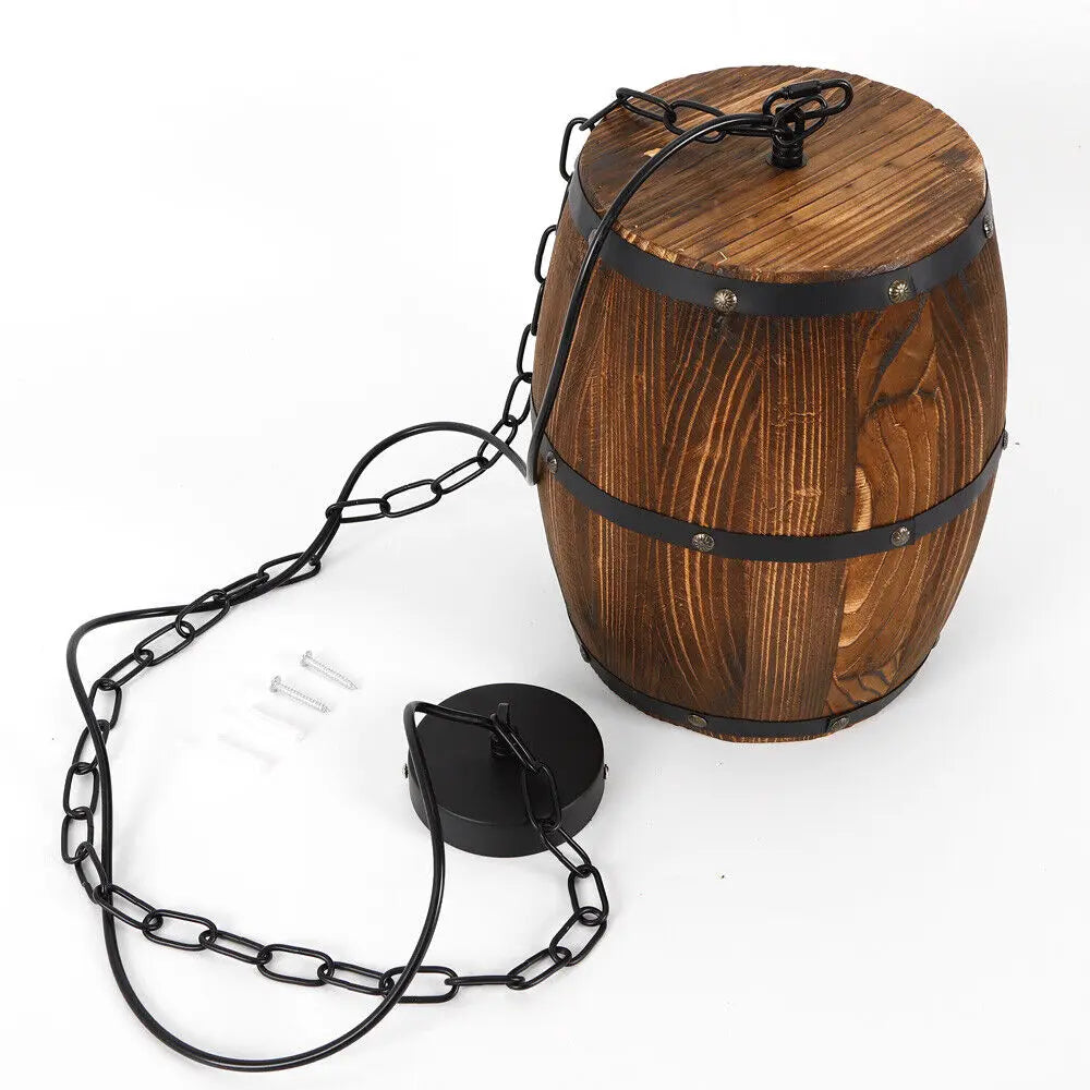 Vintage Wine Barrel Pendant Light Rustic Wooden Ceiling Lamp for Bar Cafe