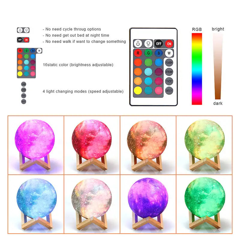 3D Moon Lamp LED Night Light 16 Color Remote Rechargeable Bedroom Decor Gift Lamp
