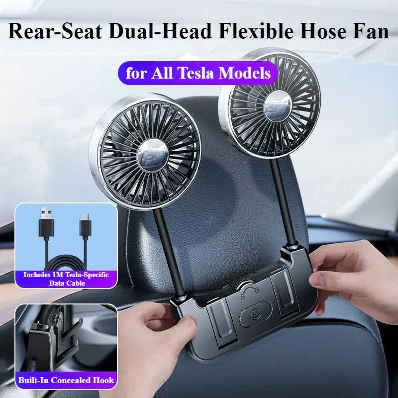 Car Rear Seat Fan Dual Head USB-C 360° Rotation 3-Speed