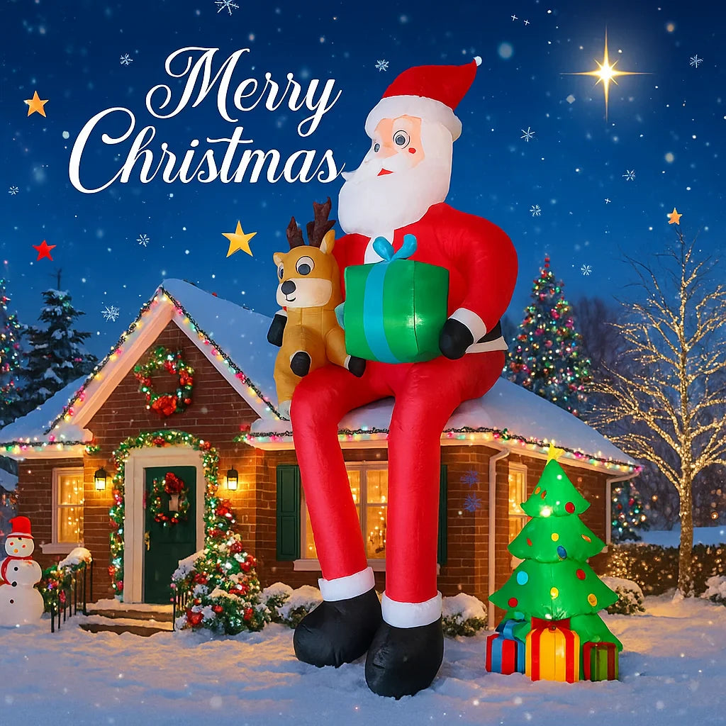 9.5FT Inflatable Christmas Santa Claus with Reindeer LED Outdoor Yard Decor