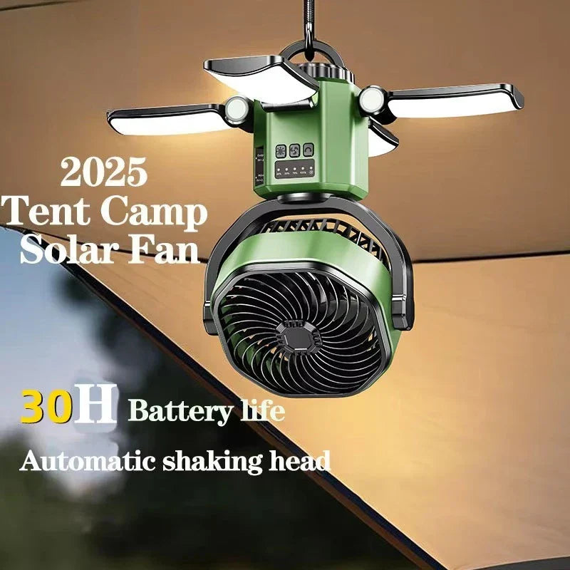 Solar Camping Fan 6000mAh Rechargeable LED Light Power Bank