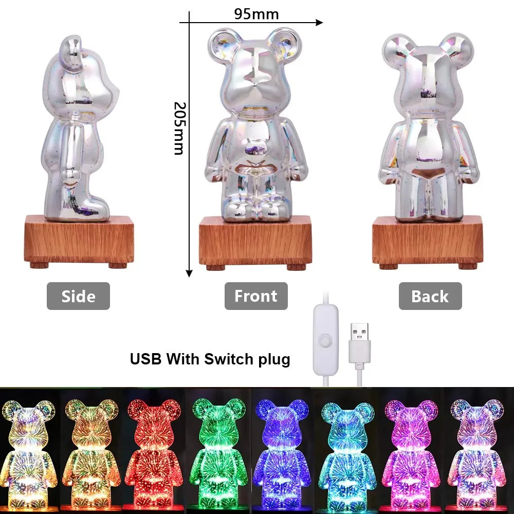 3D Bear Fireworks LED Night Light USB Dimmable Projector Bedroom Decor