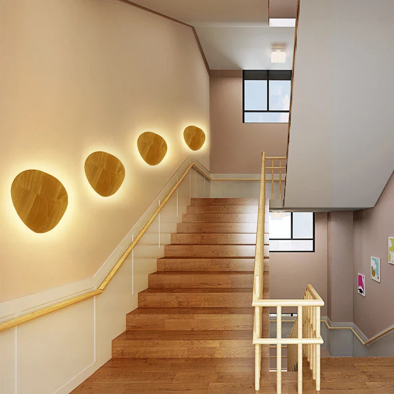 Nordic LED Wall Light Circular Wooden Modern Bedside Bedroom Staircase Sconce