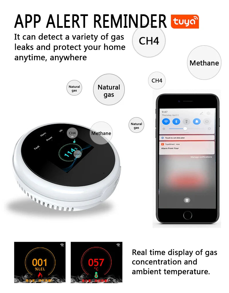Tuya WiFi Gas Detector Smart Home Natural Gas Alarm LCD Display Combustible Sensor