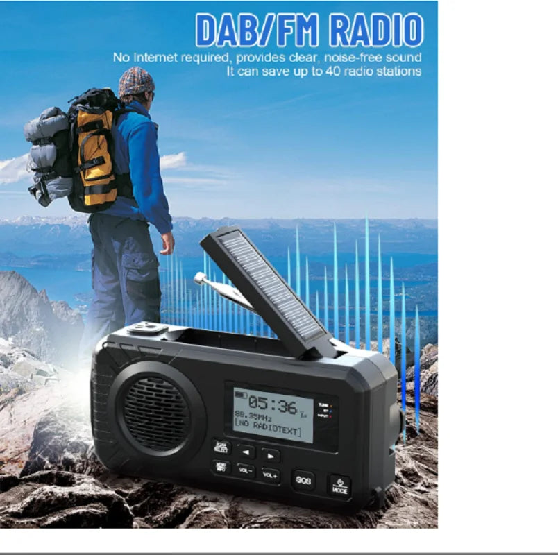 DAB+ Emergency Hand Crank Solar Radio Bluetooth Power Bank SOS Reading Lamp
