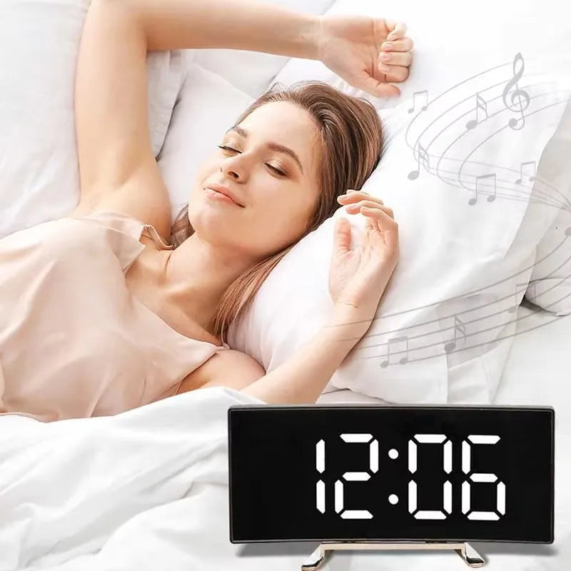 LED Mirror Alarm Clock Large Curved Digital Desktop Smart Silent Living Room