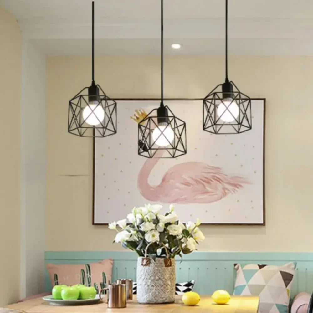 Industrial LED Pendant Light – Modern Metal Cage Hanging Lamp for Dining Room