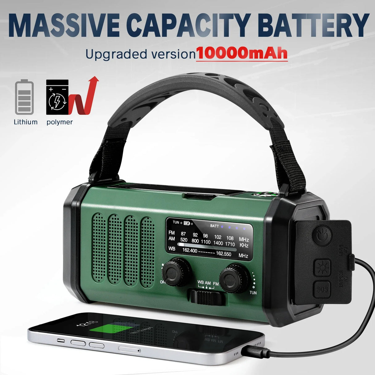 Emergency NOAA Weather Radio Solar Hand Crank 10000mAh Power Bank SOS