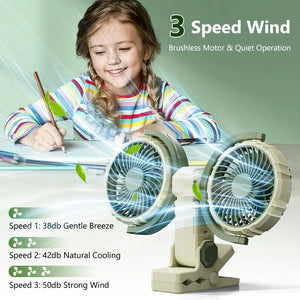 Hipacool Dual Head Car Clip Fan 4000mAh 3-Speed USB