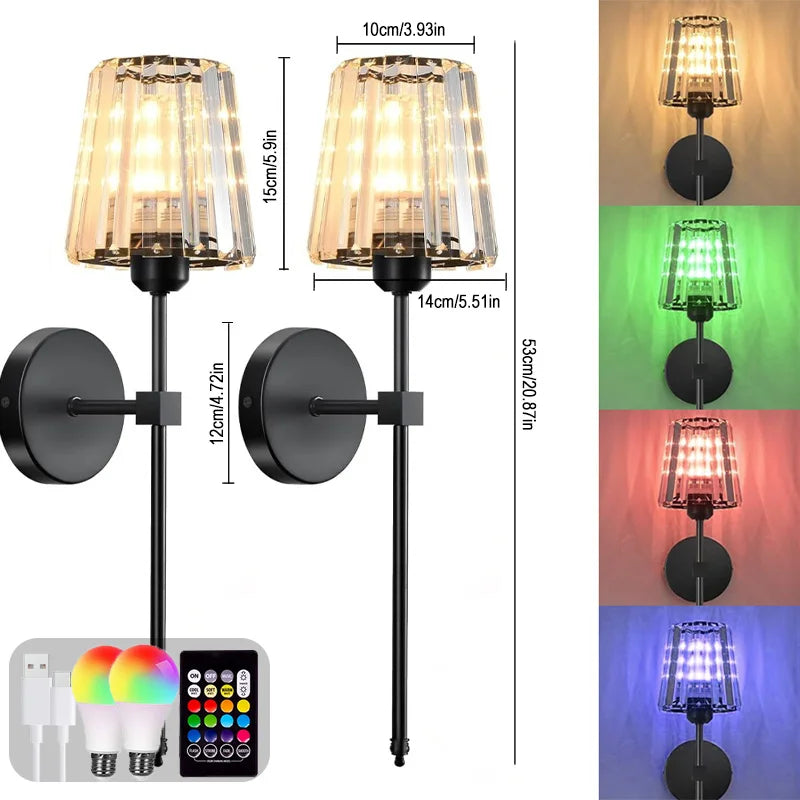 Crystal Wall Lamp 1/2PCS – RGB Dimmable Wireless Sconce with Remote for Bedroom
