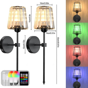 Crystal Wall Lamp 1/2PCS – RGB Dimmable Wireless Sconce with Remote for Bedroom