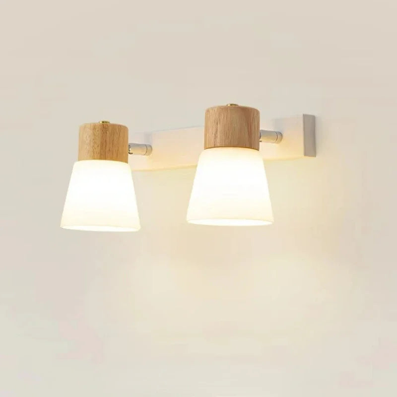 Minimalist Wooden Wall Lamp Double Head Glass Bedside Sconce Bedroom