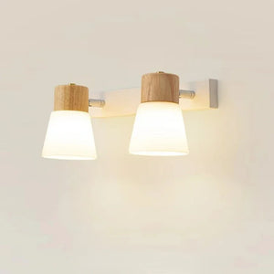 Minimalist Wooden Wall Lamp Double Head Glass Bedside Sconce Bedroom