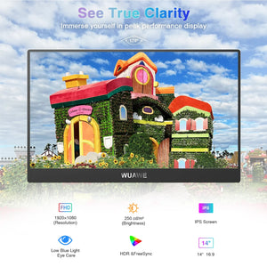 14" Portable Monitor WUAWE 1080P USB-C HDMI External Second Screen PC Mac Phone