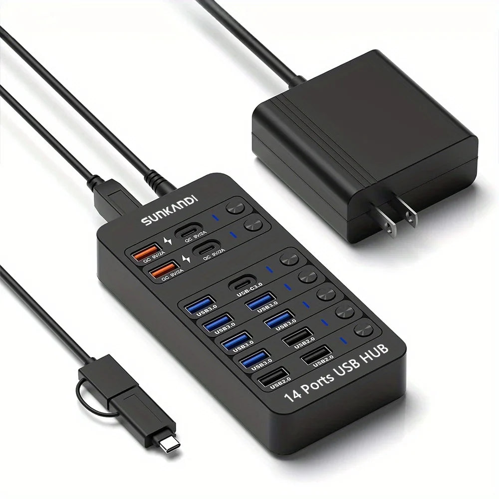14 Port Powered USB Hub USB 3.0 USB C with Switch Charging for PC Laptop