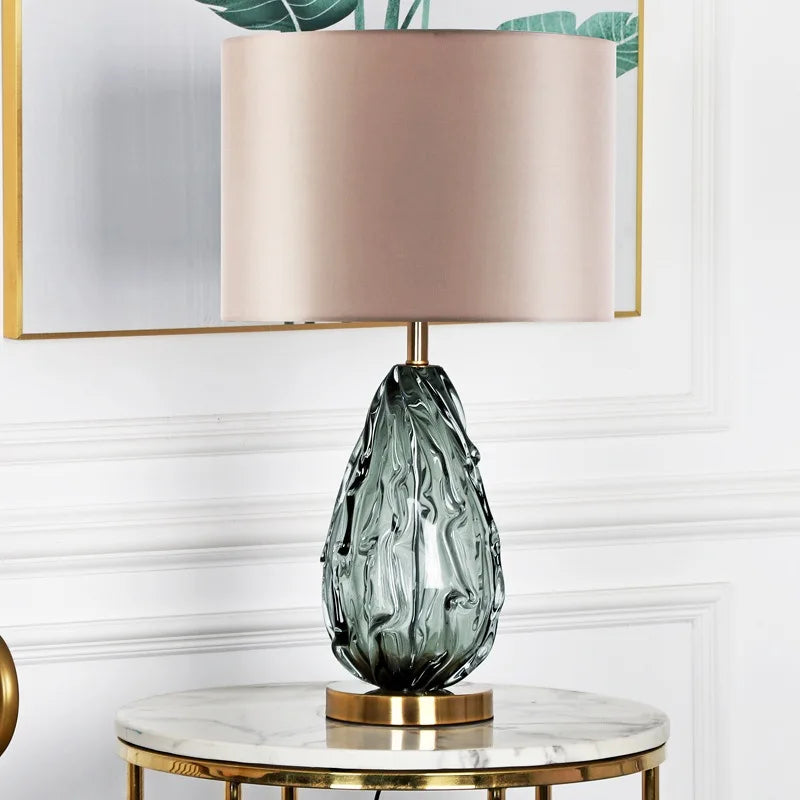 Modern Crystal Glass Table Lamp Grey Fabric Shade Bedroom Hotel Home Decor Light