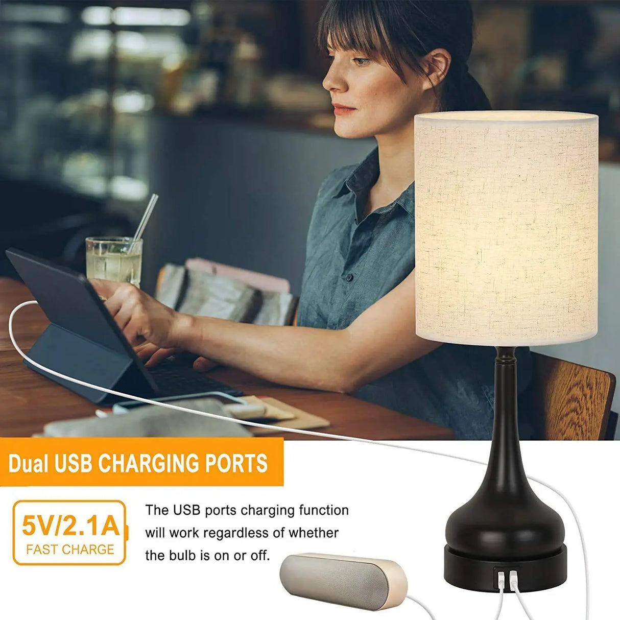 Bedside Table Lamp Set of 2 Touch Control Lamps with USB Charging for Bedroom