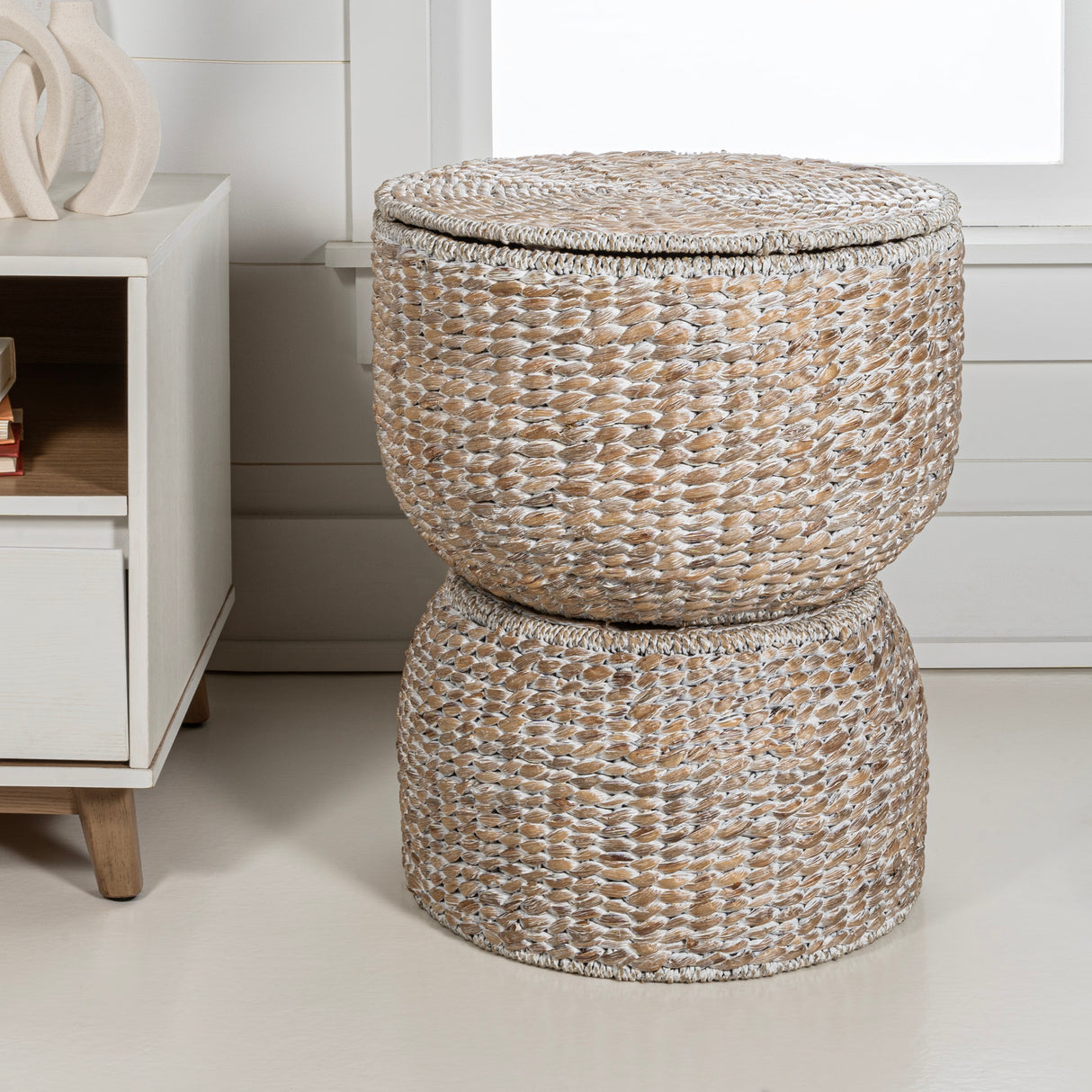 Bhola Hourglass Handwoven Hyacinth Storage Accent Table with Lid