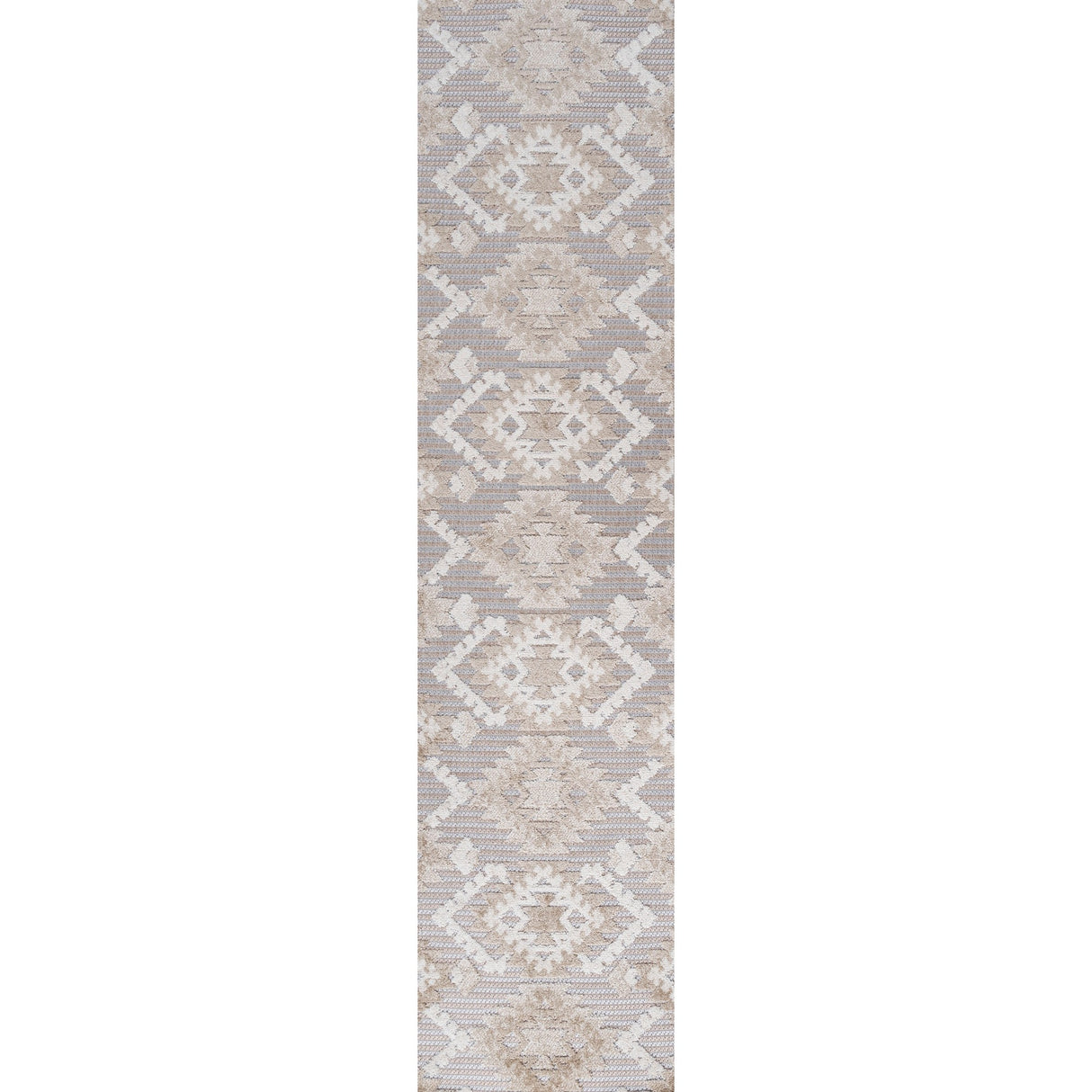 Sumak High-Low Pile Neutral Diamond Kilim Indoor/Outdoor Runner Rug