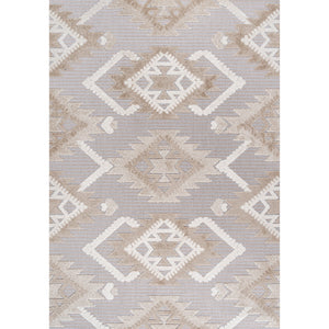 Sumak High-Low Pile Neutral Diamond Kilim Indoor/Outdoor Area Rug
