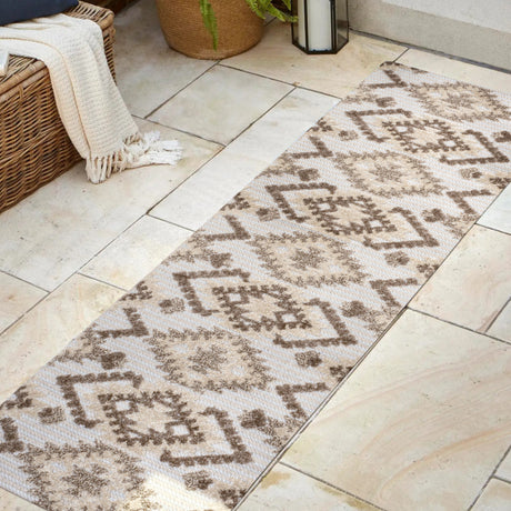 Sumak High-Low Pile Neutral Diamond Kilim Indoor/Outdoor Runner Rug